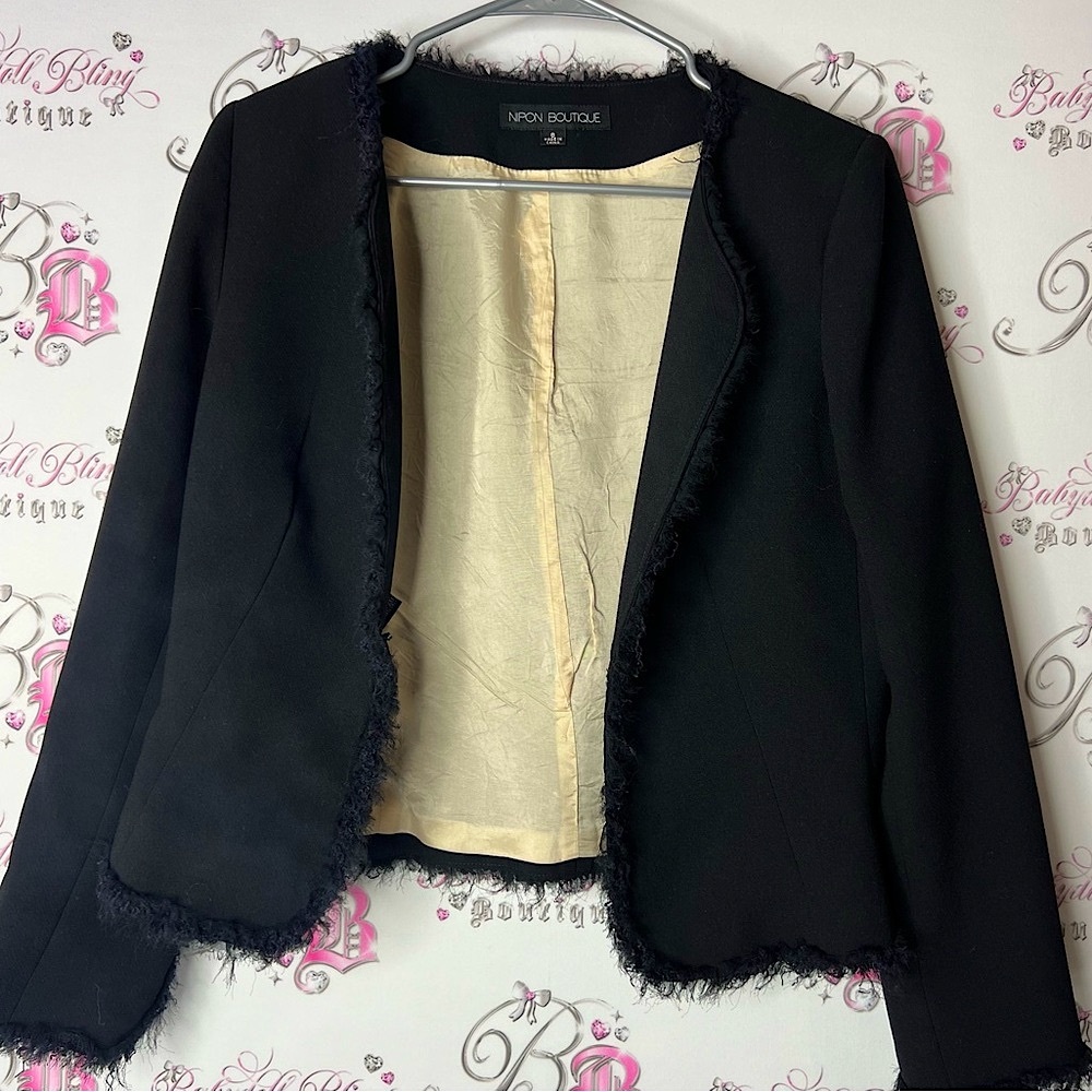 Nipon Boutique blazer Black silk furry cuffs Classic Suit Jacket
